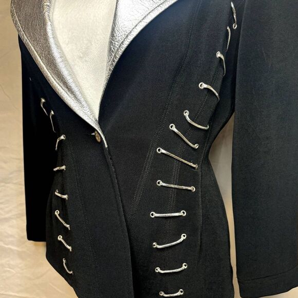 Vintage Cache Peplum Leather Womens Blazer Jacket Stretch Fabric Silver Black - Picture 4 of 11
